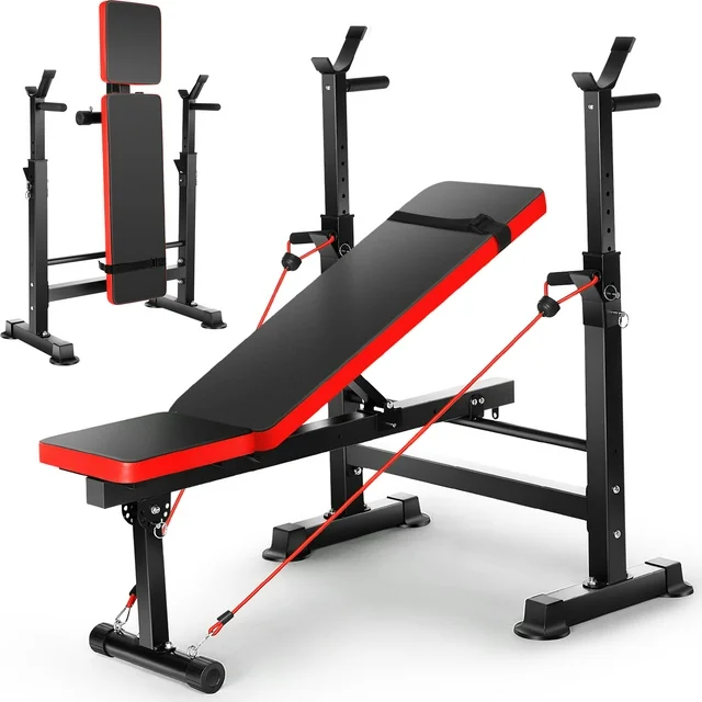 VIBESPARK Adjustable Weight Bench 600lbs 4-in-1 Foldable Workout Bench Set with Barbell Rack, Resistance Bands, Multi