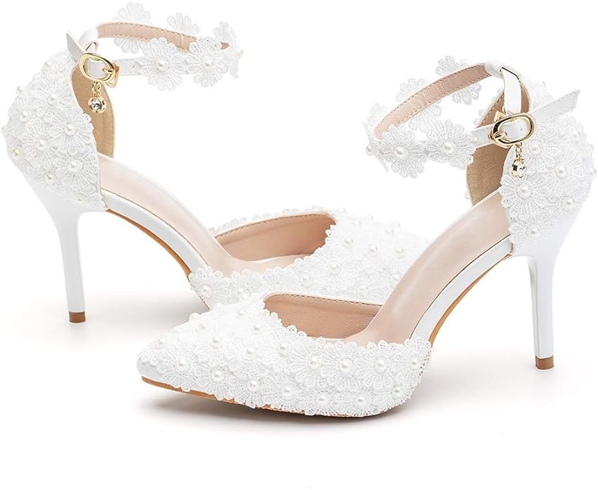 Women’s Floral Lace Pearl Strap Stiletto Pumps – Closed Toe Bridal High Heels