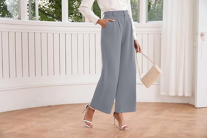 Women’s High-Waisted Relaxed Fit Wide-Leg Pants – Elastic Waist Business Casual Trousers