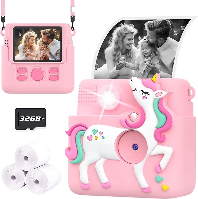 Ziegoal Kids Camera Instant Print, 1080P Cameras for Kids Girls Toys Age 6-8, Christmas Birthday Gift for 7 8 9 10 Year Old Girls, Kids Toys for Girls Age 3-12 with 3 Rolls Paper and a 32G Card