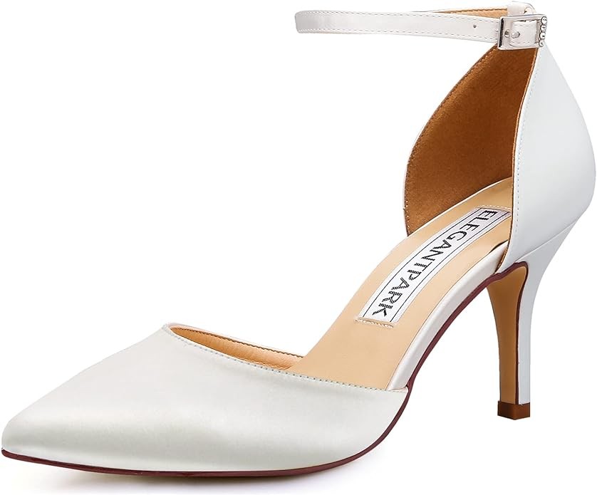 ELEGANTPARK Women Pointed Toe High Heel Pumps Satin Ankle Strap Wedding Bridal Evening Party Dress Shoes