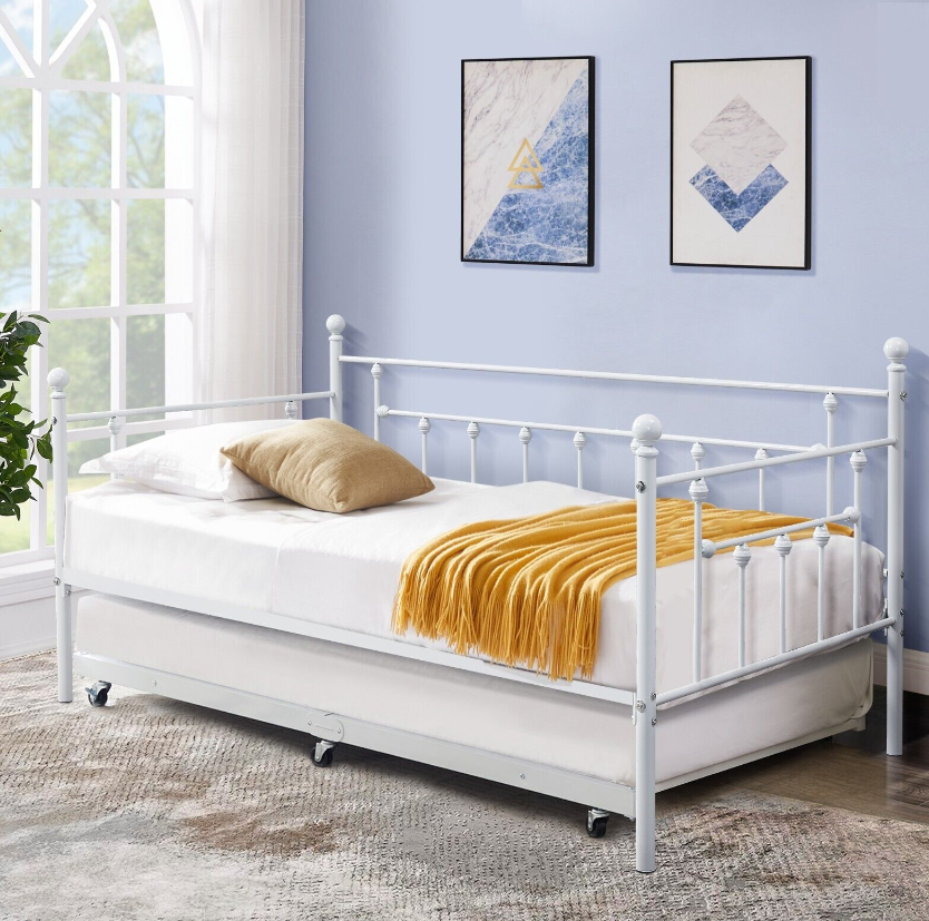 Twin Size Daybed Metal Bed Frame Trundle Sofa Bed Steel Slat Support Headboard