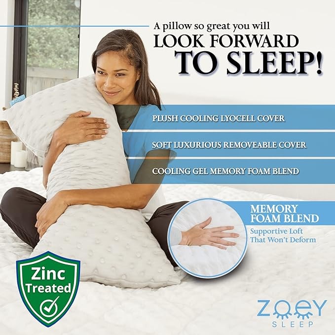 Zoey Sleep Side Sleep Pillow for Neck and Shoulder Pain Relief - Adjustable Memory Foam Bed Pillows for Sleeping - Plush Machine Washable Pillow Cover