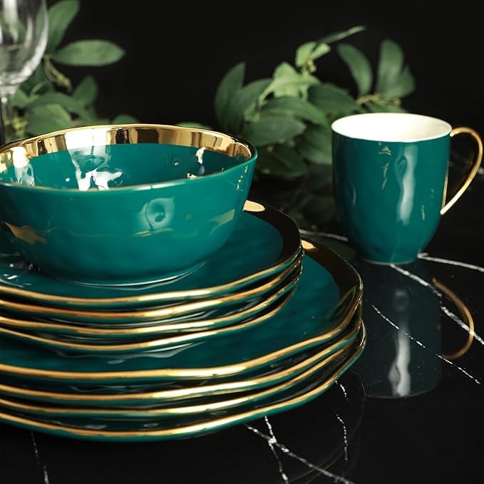 Stone Lain Porcelain 16 Piece Dinnerware Set, Service for 4, Green and Golden Rim