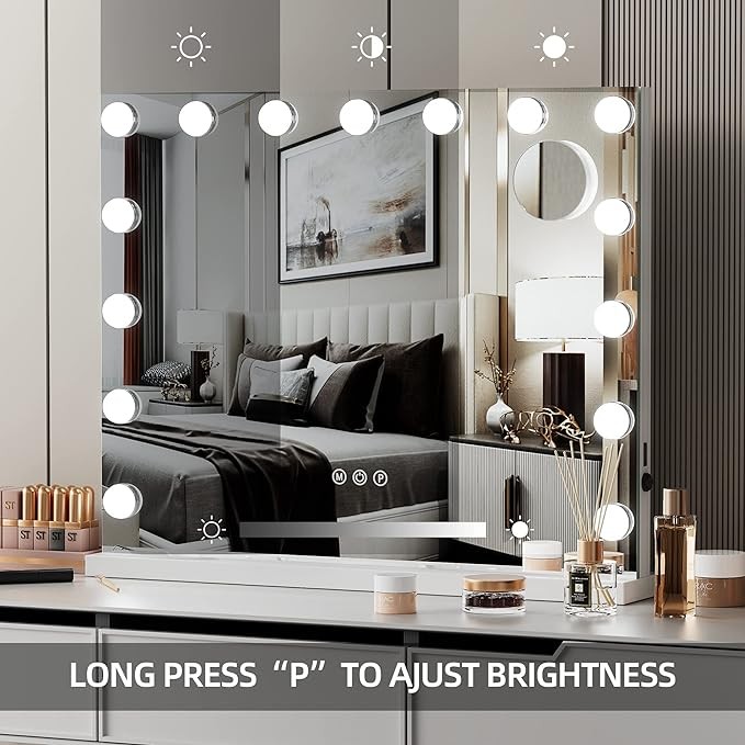 RICHTOP Hollywood Lighted Makeup Mirror, Vanity Mirror with Lights w/ 15pcs 3 Colors Light Dimmable LED Bulbs with 10X Magnification, Tabletop & Wall Mounted Mirror with Plug