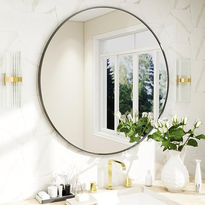 BEAUTYPEAK 20 Inch Round Mirror, Black Metal Frame Circle Mirror, Wall Mirror for Entryway, Bathroom, Vanity, Living Room, Black Circle Mirror