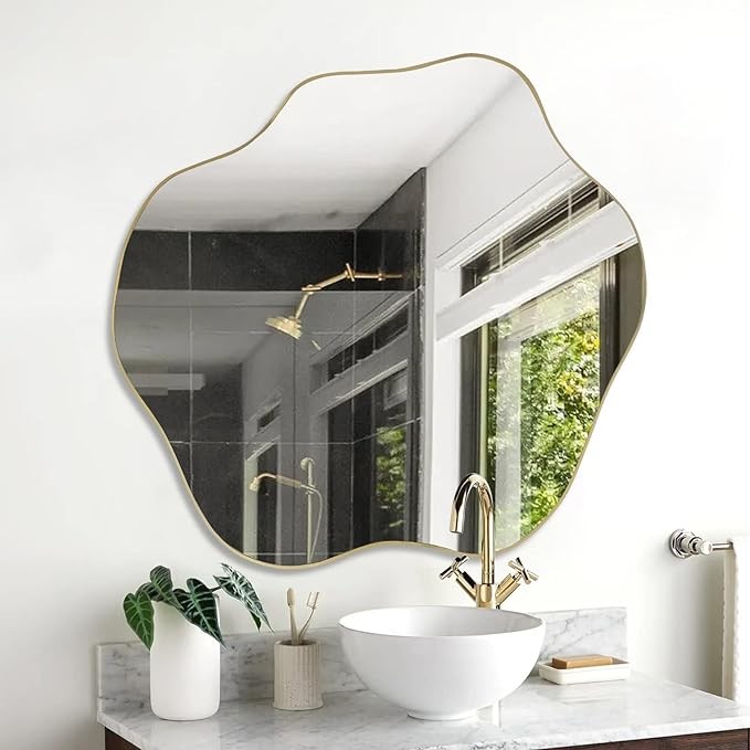 DAOYIJIAJU Gold Cloud Mirror, Asymmetrical Wall Mirror, Unique Irregular Shaped Mirror, Morden Wavy Frameless Mirror for Living Room Bathroom Bedroom Entryway Home Decor, 30"x26.8"