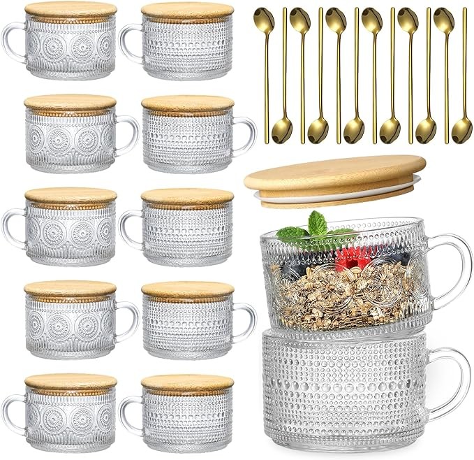 LANDNEOO 12pcs Set Irish Coffee Glasses, Vintage Coffee Mugs, Overnight Oats Containers with Bamboo Lids and Spoons