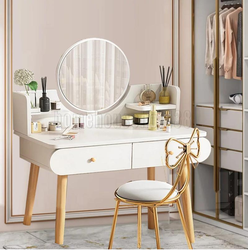 Vanity Makeup Dressing Table Round Mirror Jewelry Desk With 2 Drawers White