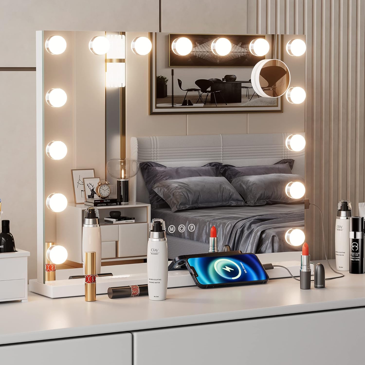 RICHTOP Hollywood Lighted Makeup Mirror, Vanity Mirror with Lights w/ 15pcs 3 Colors Light Dimmable LED Bulbs with 10X Magnification, Tabletop & Wall Mounted Mirror with Plug