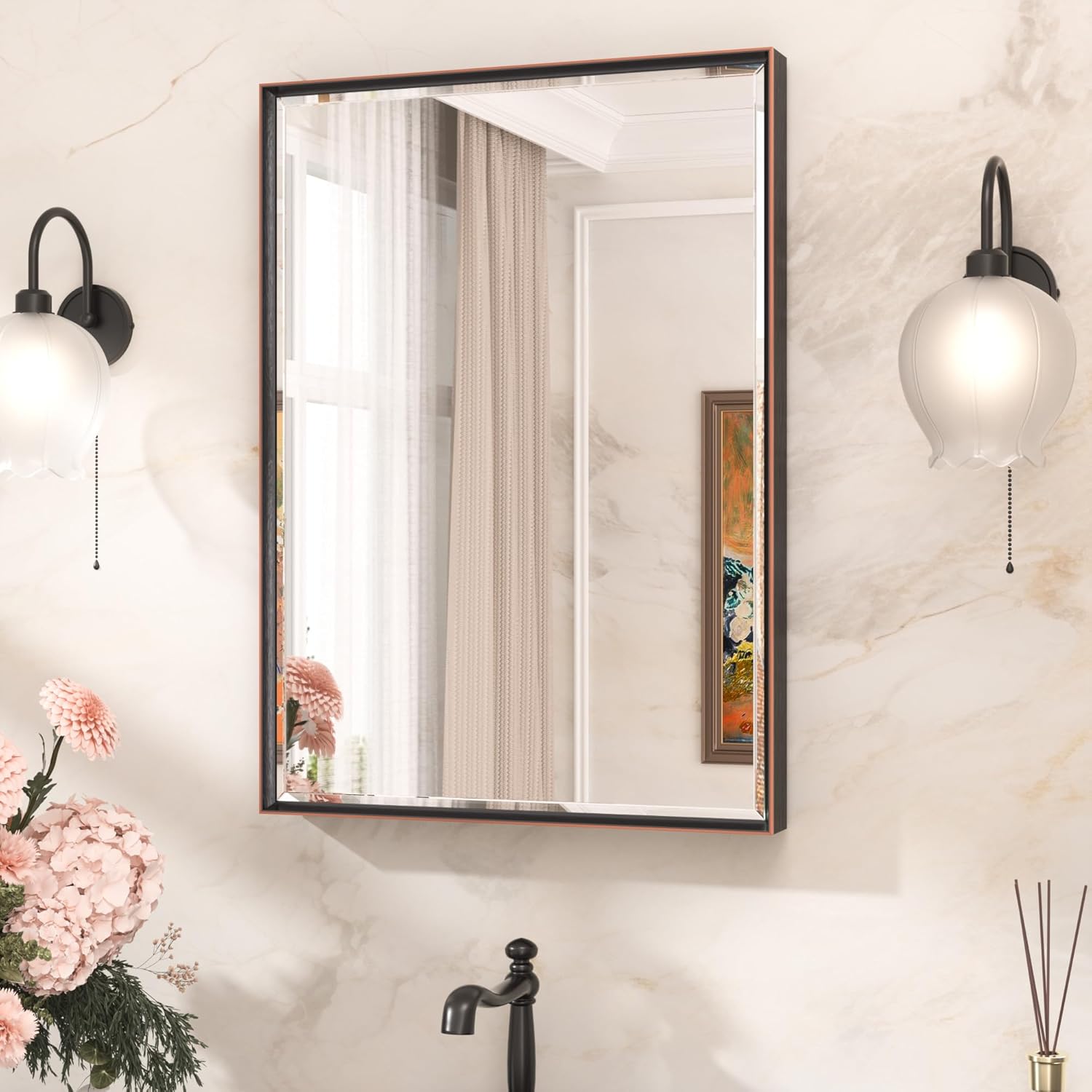 TETOTE Bronze Bathroom Mirror, 22 x 30 Inch Oil Rubbed Bronze Wall Mounted Modern Framed Brushed Champagne Bronze Metal Frame Vanity Mirror for Living Room (Horizontal/Vertical)