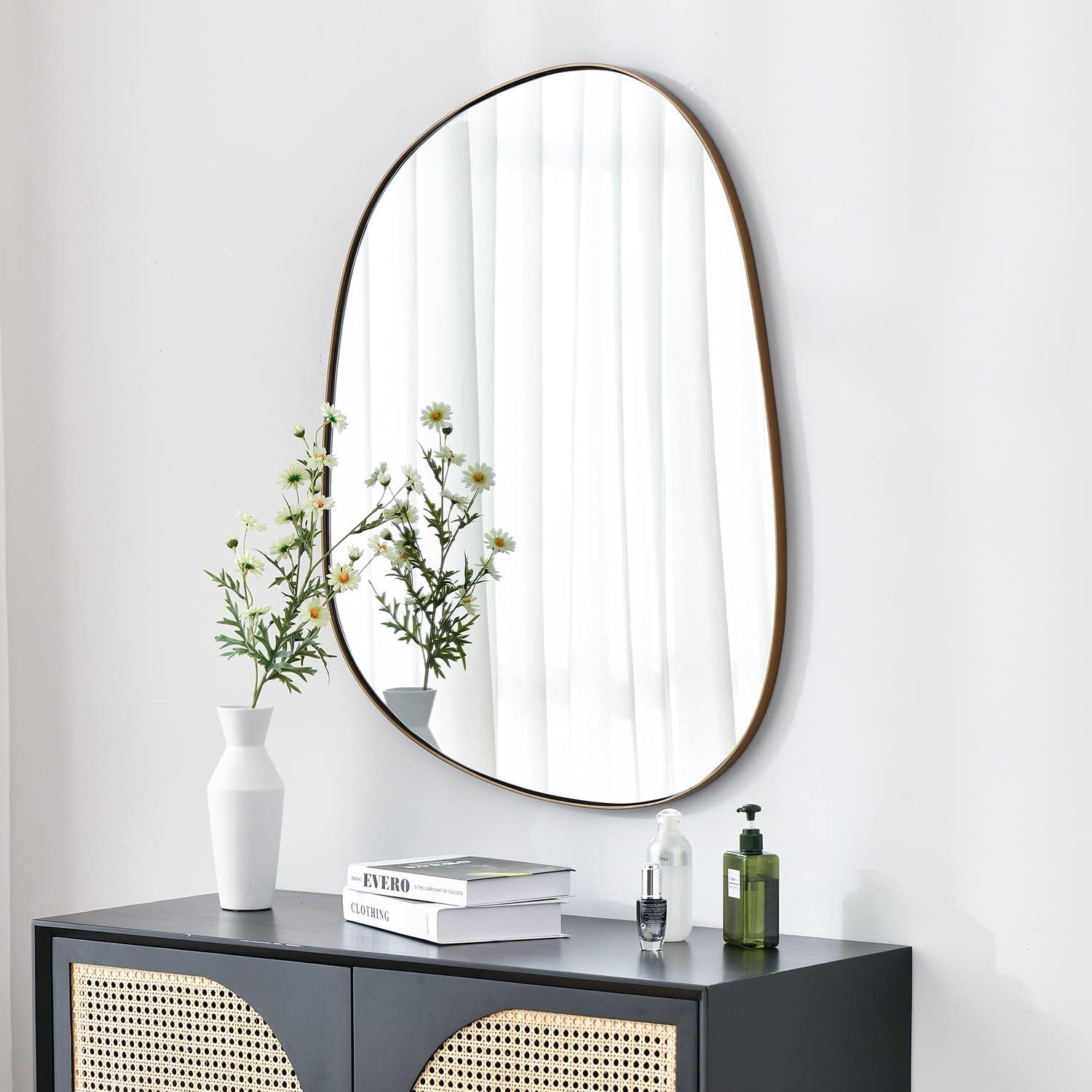 ELEHUME Asymmetrical Mirror for Wall Decor 23"*30", Modern Brass Framed Wall Mirror for Living Room Bathroom Bedroom Entryway ELE-STOU-0064G