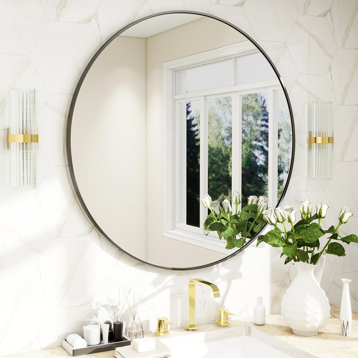 BEAUTYPEAK 20 Inch Round Mirror, Black Metal Frame Circle Mirror, Wall Mirror for Entryway, Bathroom, Vanity, Living Room, Black Circle Mirror