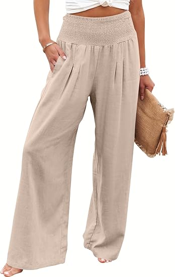 ANRABESS Women Linen Palazzo Pants Summer Boho Wide Leg Casual Lounge Pants 2024 Trendy Beach Travel Vacation Outfits