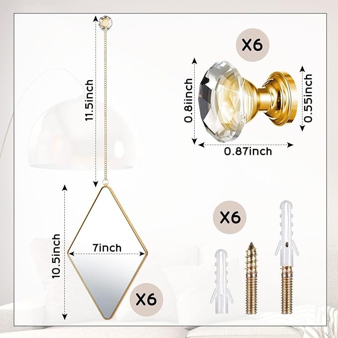 Suzile 6 Pcs Diamond Wall Mirror with Chain Hanging Mirror Set with Diamond Handle Frame Decorative Chain Mirror for Home Entryways Living Room Bathroom Farmhouse Wall Decor(Gold)