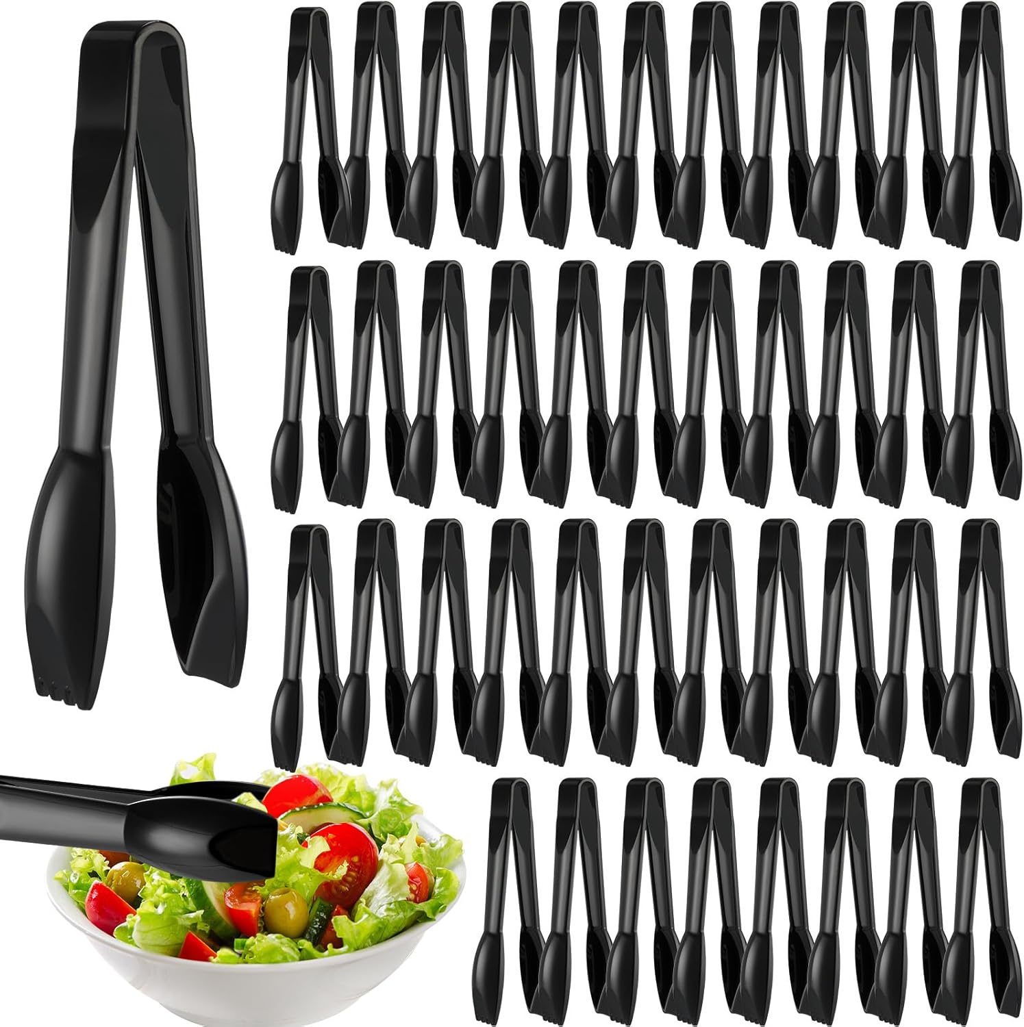 6 Inch Utility Tong Plastic Serving Tongs Bulk Scalloped Serving Utensils Charcuterie Accessories Heavy Duty Tongs for Cooking Small Tongs for Appetizers Food Catering Dinner Party (Black,48 Pcs)