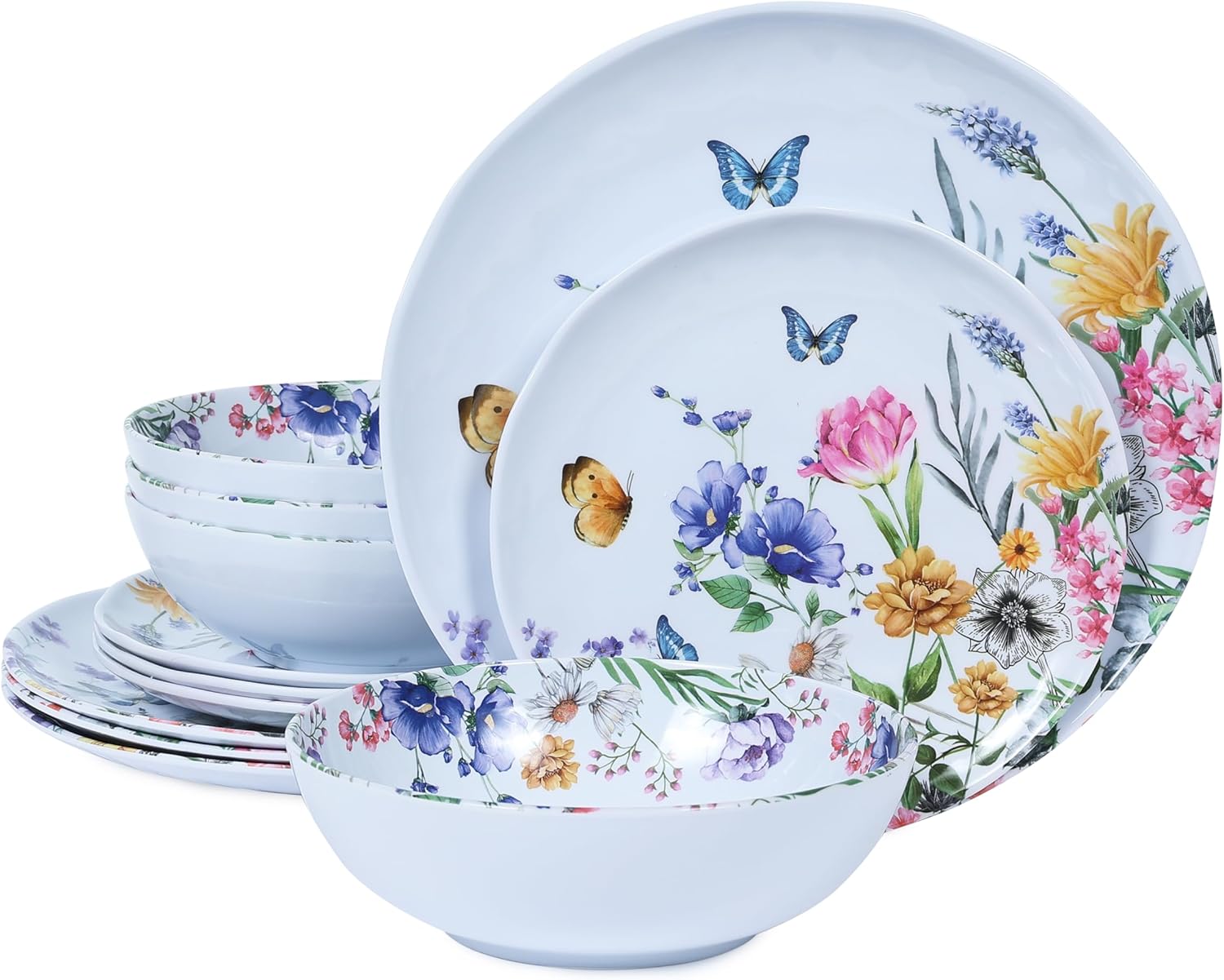 Lechoo 12 Piece Melamine Dinnerware Sets - Plates And Bowls Sets Floral Dinnerware Sets