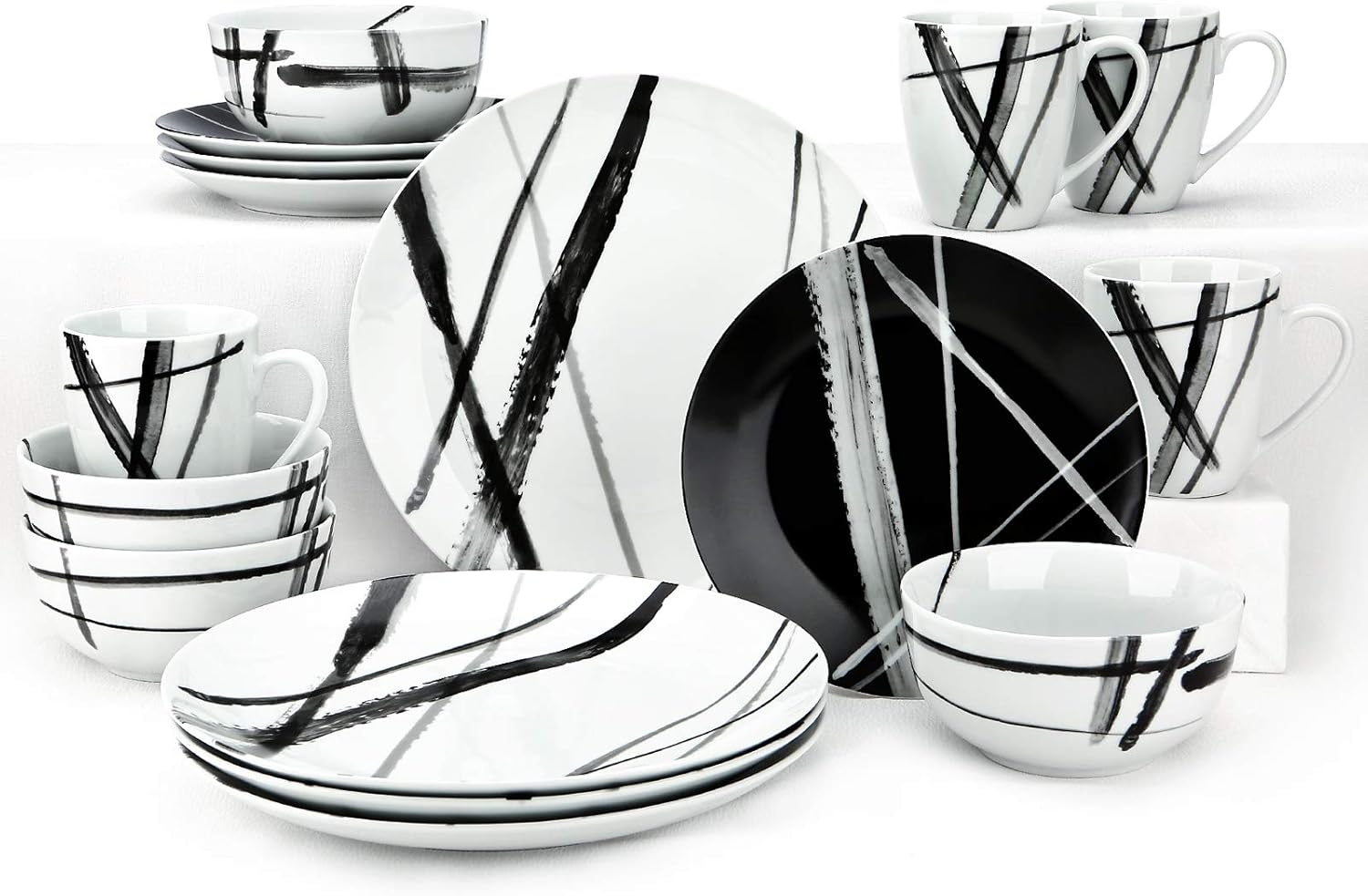 ZYAN 16 Piece Round Dinnerware Sets, Black and White Metro Stoneware Dish Sets, Dishwasher Safe Plates and Bowls Sets for 4