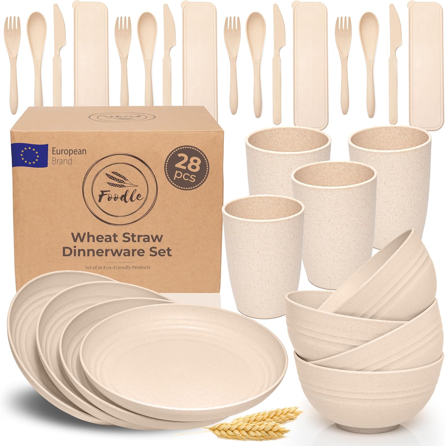 FOODLE Wheat Straw Dinnerware Sets for 4 - Lightweight & Unbreakable Dishes - Microwave & Dishwasher Safe - Perfect for Camping, Picnic, RV, Dorm - Plates, Cups and Bowls
