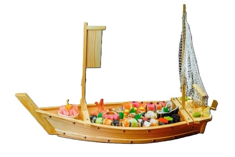 THY COLLECTIBLES Wooden Japanese Sashimi Sushi Boat Plate Serving Tray With Fishing Net (32" (80cm))