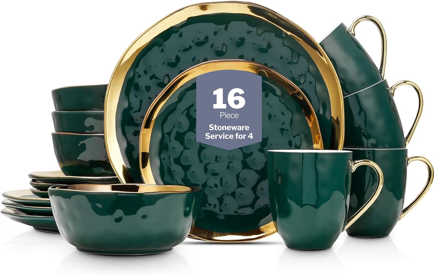 Stone Lain Porcelain 16 Piece Dinnerware Set, Service for 4, Green and Golden Rim
