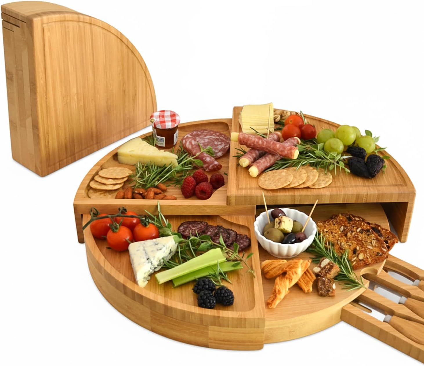 Picnic at Ascot Patented Bamboo Cheese/Charcuterie Board with Knife Set-Stores as a Compact Wedge-Opens to 18" Diameter