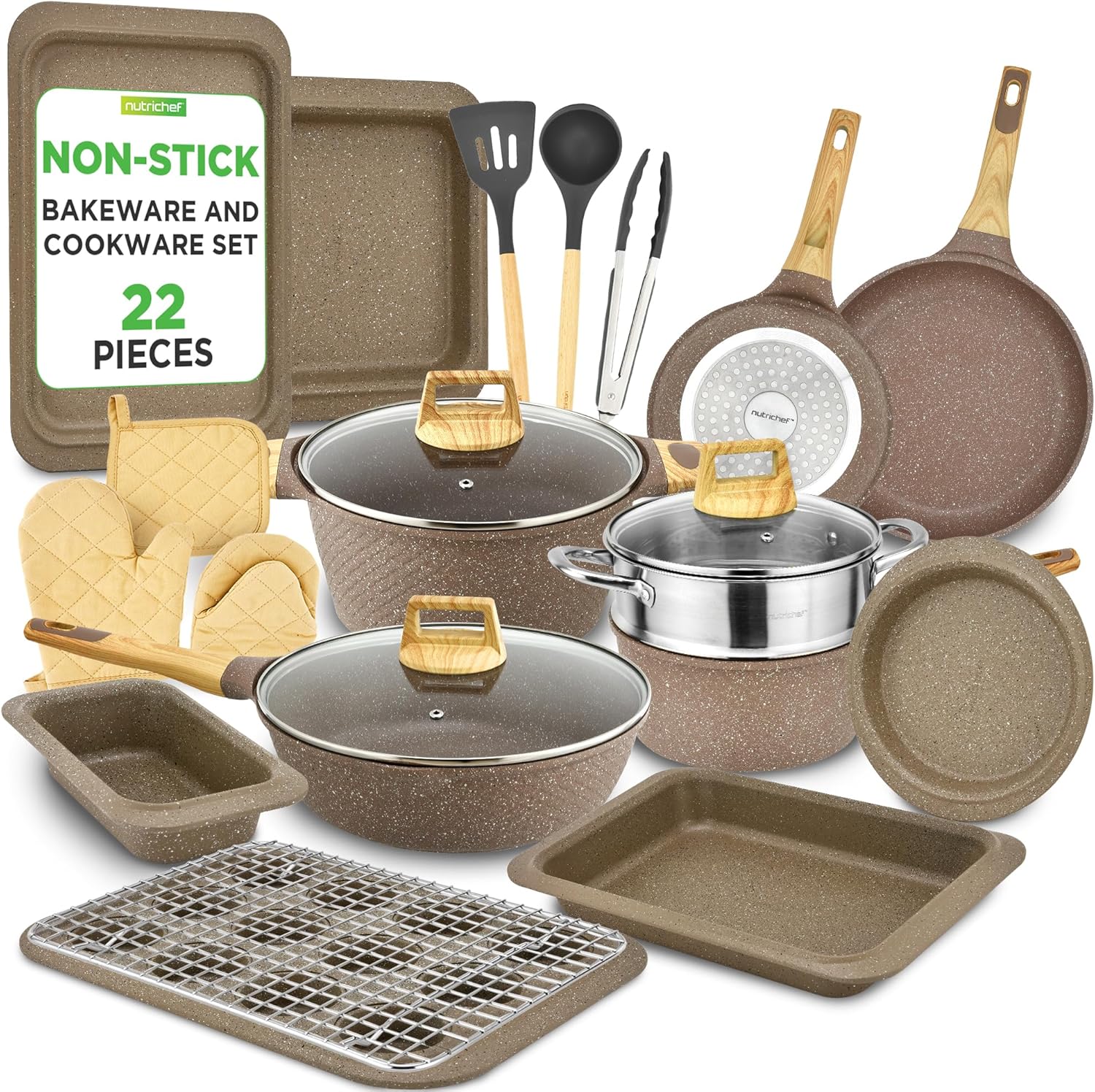 Nutrichef 22-Piece Maroon Marble Non-Stick Cookware and Bakeware Set - Professional Home Kitchen Collection with Multi-Sized Pots, Pans, and Heat
