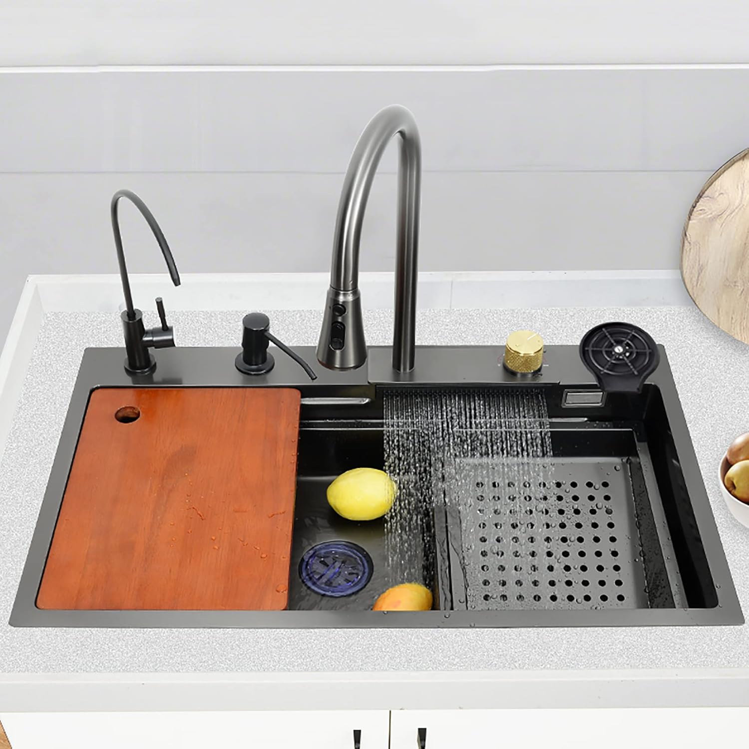 Raindance Waterfall Kitchen Sink, Kitchen Sinks Set 304 Stainless Steel Nano Sink Home Sink Vegetable Basin with Pull-Out Faucet and Pressurized Sink Glass Rinser, for Garden, Home, Laundry Room