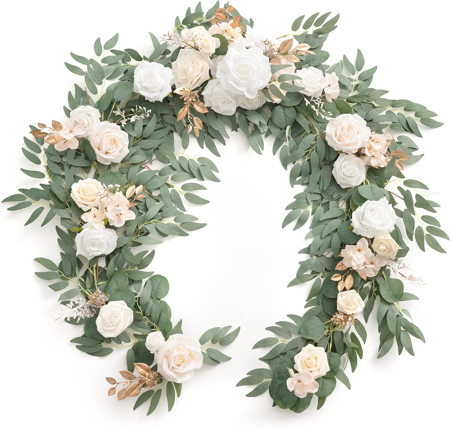 Ling's Moment Eucalyptus Garland with Flowers 6FT，Table Runner with Flowers Handcrafted Wedding Centerpieces for Rehearsal Dinner Bridal Shower | Beige