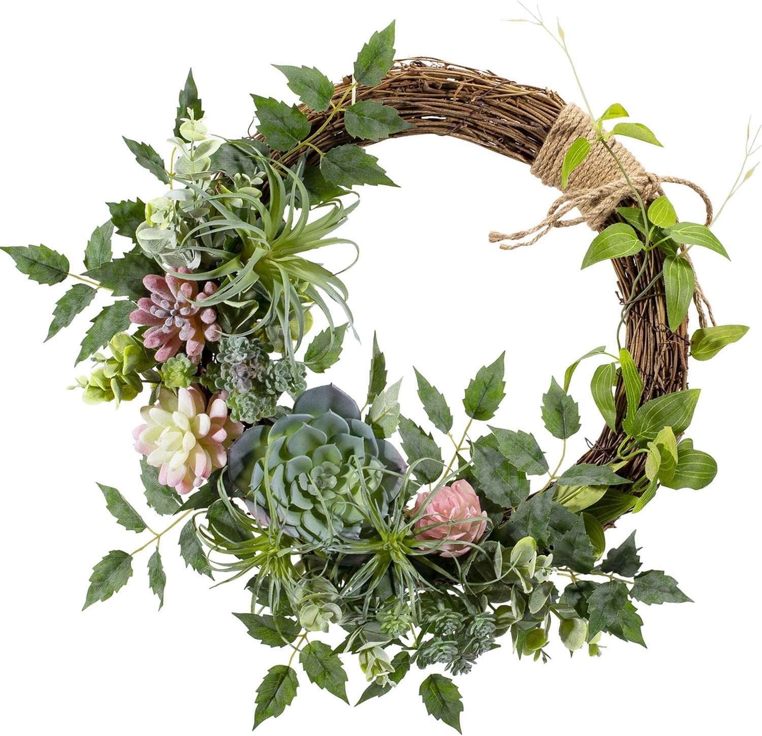 WANNA-CUL 16 inch Boho Spring Succulent Wreath Arrangement Decor for Front Door,Artificial Multicolor Succulent Summer Door Wreath with Greenery Air Pineapple for Wall and Home Decoration