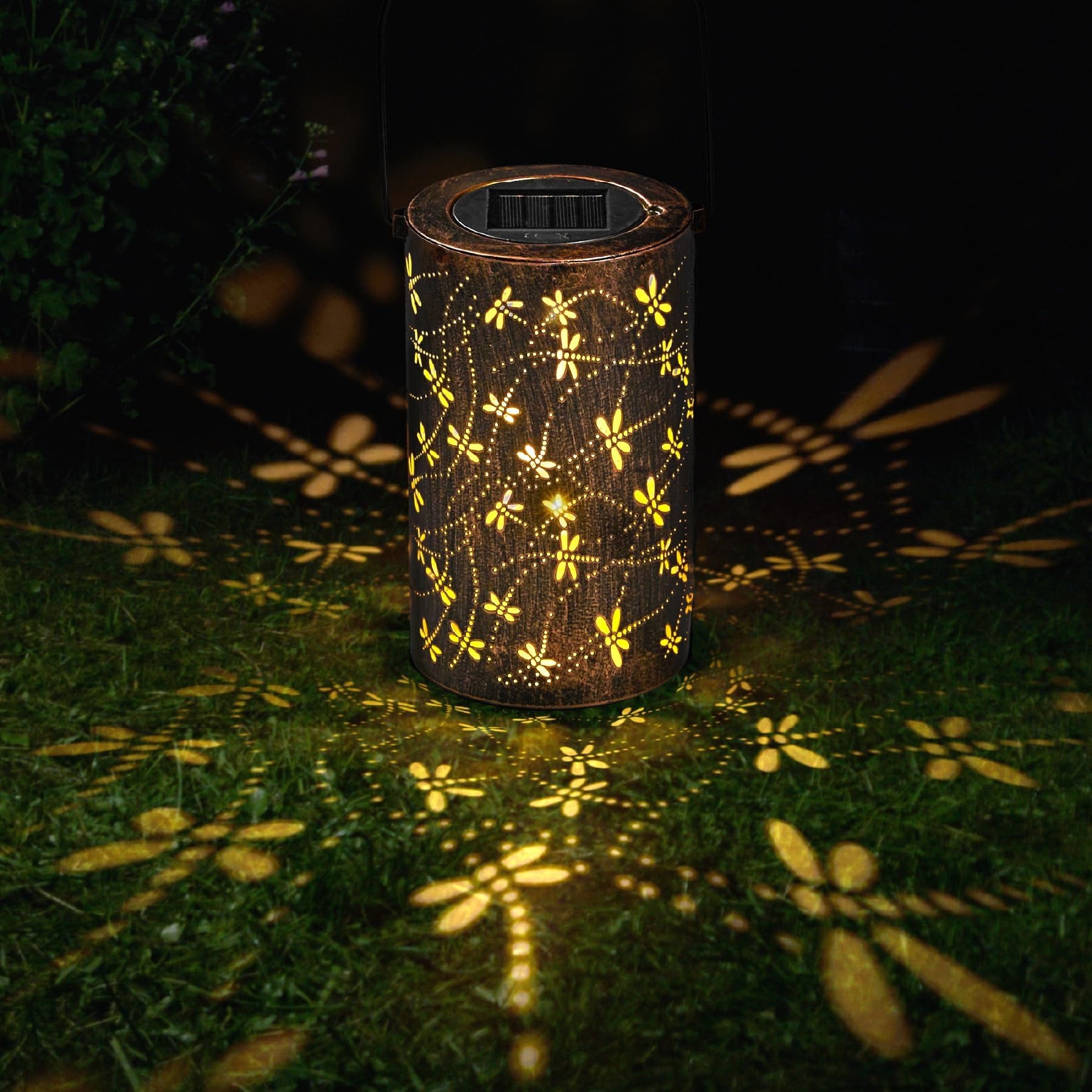 Set of 2 Solar Lanterns Outdoor Hanging Lantern Lights, 3D-Dynamic Dragonfly Hollowed
