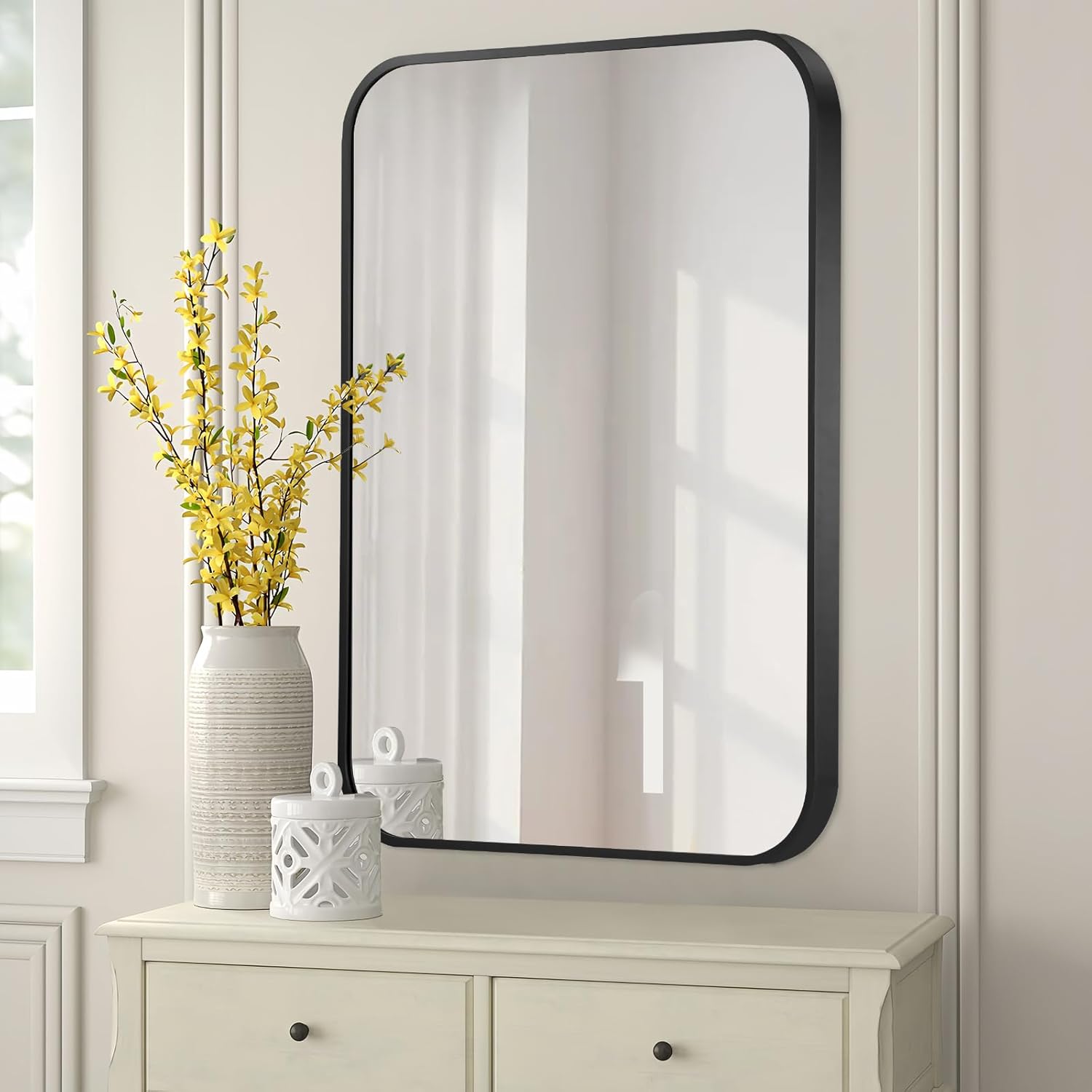 FARMER 20x28 Inch Rectangle Bathroom Mirror, Brushed Black Vanity Mirrors for Wall, Metal Frame Wall Mirror, Vanity Mirror with Round Corner for Bedrooms, Entryways, Living Rooms, Horizontal/Vertical