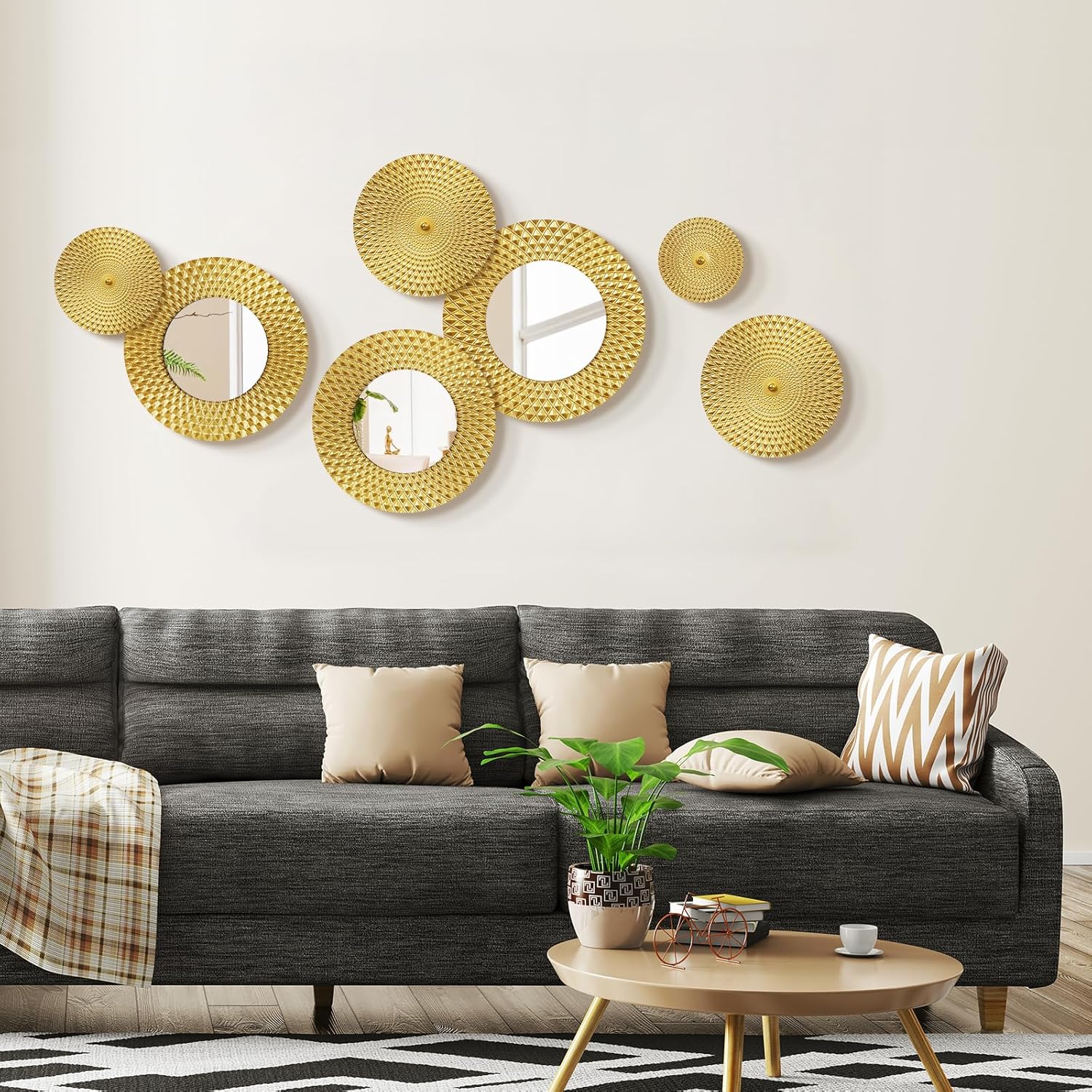 TEIPAI Gold Mirror Wall Decor for Living Room Porch Hallway, 7PCS Gold Metal Wall Art for Bedroom Decoration, Mandala Boho Decor for Office Dining Room Apartment New Home Gift