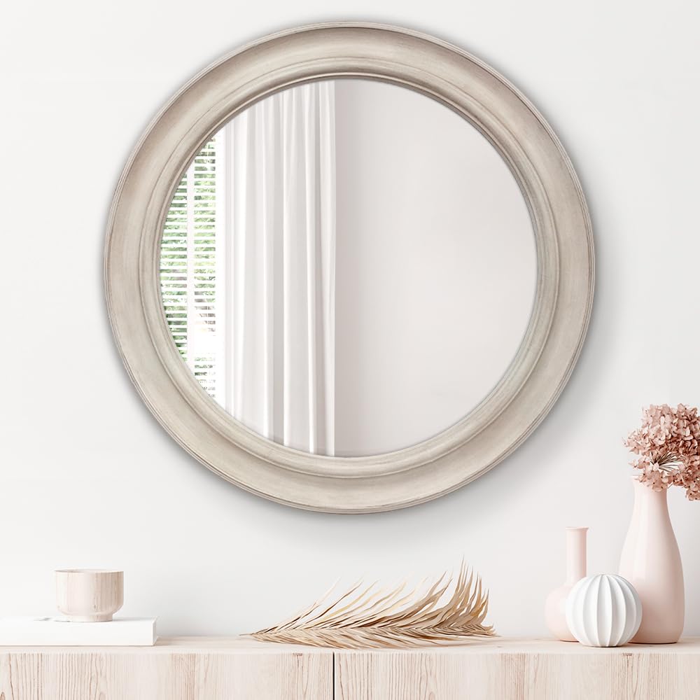 Presentime & Co. 26" Clifton in/Outdoor Farmhouse Wall Mirror, No Distortion HD Glass Mirror, Farmhouse Mirror and Wall Art for Wall Decoration, Weathered White Finish