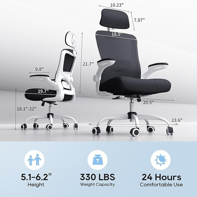 Ergonomic Office Chair, High Back Mesh Office Chair with Adjustable Lumbar Support, Flip-Up Armrests, Swivel Computer Desk Chair for Home Office